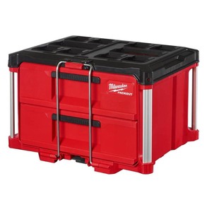 lot 24328 image: Milwaukee PACKOUT 22 in. 2-Drawer Tool Box with Metal Reinforced Corners, Red -Retail $153.47