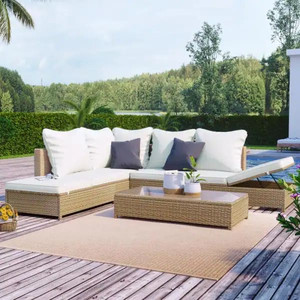 lot 24392 image: Harper &amp Bright Designs Accessible 12 in. H Natural Brown Wicker Outdoor Sectional Set with Beige Cushions and Adjustable Chaise Lounge -Retail $1,579.99