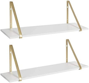 lot 50970 image: Kate and Laurel Soloman White Wooden Shelves with Gold Metal Brackets, 2 Piece Set