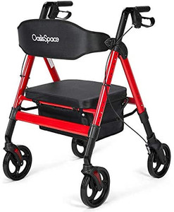 lot 50972 image: OasisSpace Heavy Duty Rollator Walker - Bariatric Rollator Walker with Large Seat for Seniors Support Up 450 lbs (Red)
