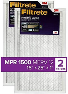 lot 50980 image: Filtrete 16x25x1, AC Furnace Air Filter, MPR 1500, Healthy Living Ultra Allergen, 6 Pack (exact dimensions 15.69 x 24.69 x 0.78)