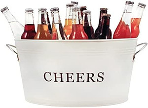 lot 51460 image: Twine Rustic Farmhouse Decor Ice Bucket And Galvanized Cheers Tub, 6.3 gallons, cream