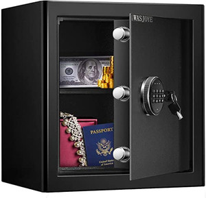 lot 51465 image: WASJOYE Security Safe Cash Box with Double Digital Keypad Safety Key Lock Fireproof Cabinet Safe for Home Business Office Hotel Money Document Jewelry Passport (15 x 12.2 x 15.8 Inch)