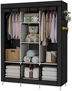 lot 52330 image: UDEAR Portable Clothes Closet Organizer, Non-Woven Fabric Cover with 6 Storage Shelves, 2 Hanging Sections and 4 Side Pockets, Black