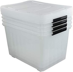 lot 52840 image: Farmoon 70 Quart Clear Storage Bin, Large Plastic Stackable BoxCotainer with Lid and Black Handle, 4 Packs