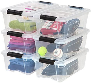 lot 52875 image: IRIS USA 12 Qt. Plastic Storage Bin Tote Organizing Container with Durable Lid and Secure Latching Buckles, Stackable and Nestable, 6 Pack, clear with Black Buckle one bottom cracked