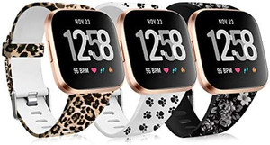 lot 52891 image: Maledan Compatible with Fitbit Versa 2 Bands for Women Men, 3 Pack Soft Silicone Pattern Band Replacement for Fitbit Versa Smart Watch, blackGrey Floral, Small 2 bands