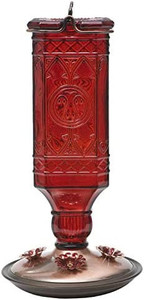 lot 55671 image: Perky-Pet 8116-2 Red Square Antique Bottle Glass Hummingbird Feeder. stock photo is different from actual product