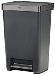 lot 55673 image: Rubbermaid Premier Series III Step-On Trash Can for Home and Kitchen, with Stainless Steel Rim, 12.4 Gallon, Charcoal