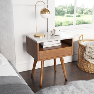 lot 55709 image: Nathan James James White and Brown Walnut Finish Faux Marble Top Storage Rectangular Accent Side or End Table