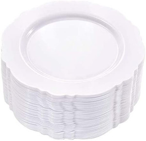 lot 55717 image: WDF 60pcs White Plastic Plates -7.5inch Baroque White Disposable DessertSalad Plates for Upscale Parties &Wedding