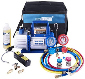 lot 55726 image: VIVOHOME 110V 13 HP 4CFM Single Stage Rotary Vane Air Vacuum Pump and R134a AC Manifold Gauge Set Kit with Leak Detector Carry Bag for HVAC Air Conditioning Refrigeration Recharging ETL Listed. $169.99