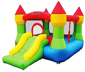 lot 55732 image: Bounceland Bounce House Castle with Basketball Hoop Inflatable Bouncer, Fun Slide, Safe Entrance Opening, UL Certified Strong Blower Included, 12 ft x 9 ft x 7 ft H, Kid Castle Party Theme Bounce House. $239.99