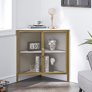 lot 55739 image: VECELO 3-Tier Corner Shelf, Metal Frame Multipurpose Storage Cabinet Organizer Rack Stand with Ventilation Protection Door for Living RoomBedroomKitchenBathroomEntryway, Matt Gold.