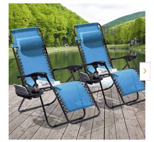 lot 9837 image: Folding Zero Gravity Metal Frame Recliner Outdoor Lounge Chair With Side Tray, Adjustable Headrest in Lake Blue (2-pack)