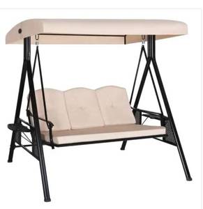 lot 9913 image: 3-Seat Outdoor Converting Canopy Swing Lounge Chair with Cushions and Pillow, Beige - retails $350
