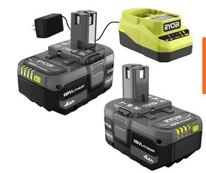 lot 7672 image: RYOBI ONE 18V Lithium-Ion 4.0 Ah Battery (2-Pack) and Charger Kit