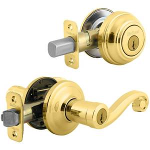 lot 7694 image: Kwikset 991 Lido Keyed Entry Door Lever and Deadbolt Combo Pack Polished Brass