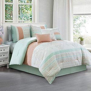 lot 8009 image: Chezmoi Collection Laura 7-Piece Coral Mint Geometric Embroidered Pleated Striped Comforter Set