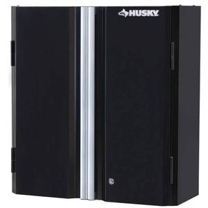 lot 8161 image: Husky Ready-to-Assemble 24-Gauge Steel Wall Mounted Garage Cabinet in Black (28 in. W x 29 in. H x 12 in. D) - Retail $149.99