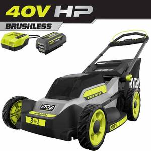 lot 8162 image: RYOBI 40V HP Brushless 20 in. Cordless Battery Walk Behind Push Mower with 6.0 Ah Battery and Charger - Retail $299.99