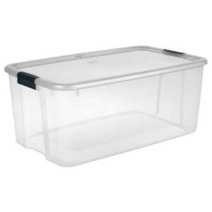 lot 8163 image: Sterilite 116 Qt. Ultra Storage Box, Clear Base with Clear Lid and Black Latches, Set Of 3