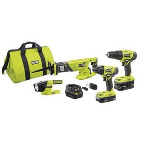 lot 8176 image: Ryobi 18-Volt ONE Lithium-Ion Cordless 4-Tool Combo Kit with (2) Batteries 18-Volt Charger and Bag