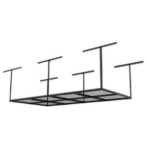 lot 8189 image: FLEXIMOUNTS Adjustable Height Overhead Ceiling Mount Garage Rack in Black (96 in. W x 48 in. D)&nbsp&nbsp- Retail$229.99