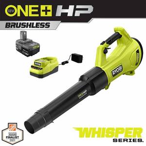 lot 8224 image: RYOBI ONE HP 18V Brushless Whisper Series 120 MPH 450 CFM Cordless Variable-Speed Leaf Blower with 4.0 Ah Battery and Charger