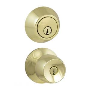 lot 8244 image: Defiant Brandywine Polished Brass Entry Knob and Double Cylinder Deadbolt Combo Pack