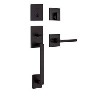 lot 8245 image: Kwikset San Clemente Matte Black Single Cylinder Low Profile Door Handleset with Halifax Handle Featuring SmartKey Security
