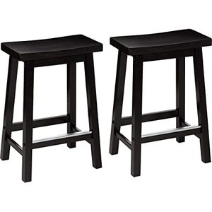 lot 7630 image: AmazonBasics Solid Wood Saddle Seat Kitchen Counter Height Stool (Set Of 2) 24H Black