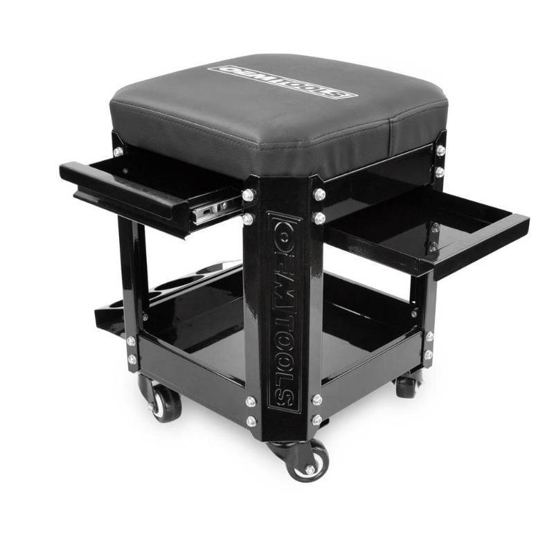 lot 63630 image: OEMTOOLS 24994 Black Rolling Workshop Creeper Seat with 2 Tool Storage Drawers Under Seat, Parts Storage, & Can Holders Handy Mechanics Seat is the Ultimate Garage Accessory Work in Comfort