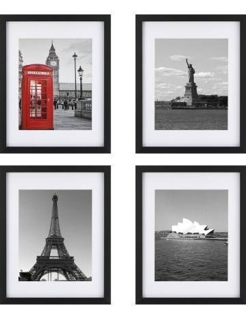 lot 63947 image: ONE WALL 11x14 Picture Frame Set of 4, Display Pictures 8x10 or 5x7 with Mats or 11x14 Without Mat, Black Wood Frame with Tempered Glass for Wall and Tabletop