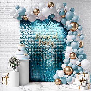 lot 1473 image: HOUSE OF PARTY Blue Shimmer Backdrop - 24 Panels Round Sequin Shimmer Wall Backdrop for Birthday Decorations  Wedding, Engagement & Bachelorette Party Supplies
