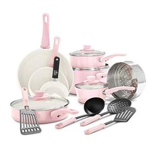 lot 1475 image: GreenLife Soft Grip Healthy Ceramic Nonstick, 16 Piece Cookware Pots and Pans Set, PFAS-Free, Dishwasher Safe, Soft Pink