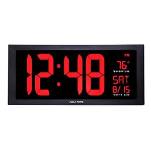 lot 1542 image: AcuRite Large 18 Digital LED Oversized Wall Clock with Date, Temperature and Fold-Out Stand, Inch, Red