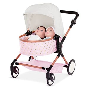 lot 1543 image: BABI by Battat Baby Doll Double Stroller Mini Gold Stars Foldable Canopy, Swivel Wheels, Storage Basket Pink Carriage Fits Twin 14-inch Dolls Childrens Toys for Kids Ages 3