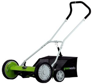 lot 1555 image: Greenworks 25072 20-Inch 5-Blade Push Reel Lawn Mower with Grass Catcher