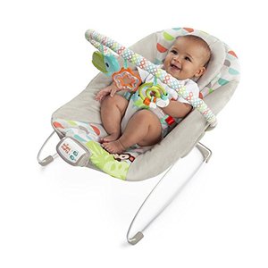 lot 1609 image: Bright Starts Happy Safari Vibrating Baby Bouncer Seat with 3-Point Harness and Toy Bar, Age 0-6 Months