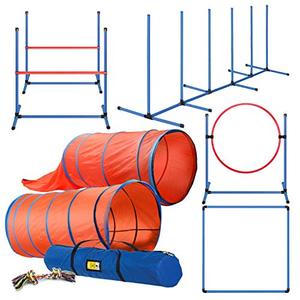 lot 1626 image: CHEERING PET Deluxe Dog Agility Training Equipment Set, 2 Dog Jump, Hurdle, Blind and Standard Tunnel and Weave Poles, Premium Dog Agility Exercise Set with Easy Carry Case