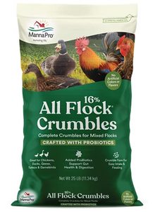 lot 1656 image: Manna Pro All Flock Crumbles  16% Protein Level  Complete Feed for Chickens, Ducks, Geese, Turkeys and Gamebirds  Probiotics to Support Digestion  Crumbled Form for Easy Feeding  25 Pounds