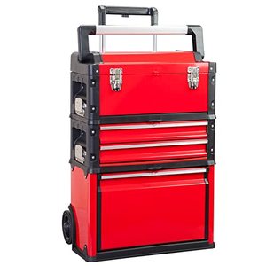 lot 1686 image: BIG RED TRJF-C305ABD Torin Garage Workshop Organizer Portable Steel and Plastic Stackable Rolling Upright Trolley Tool Box with 3 Drawers, Red