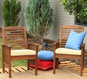 lot 7790 image: Manor Park Acacia Wood Patio Chairs with Cushions - Set of 2 - Dark Brown - Retail $526.99