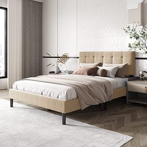 lot 7797 image: AUFANK Queen Upholstered Bed Beige - Retail $259.99
