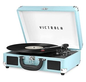 lot 73 image: Victrola Vintage 3-Speed Bluetooth Portable Suitcase Record Player with Built-in Speakers  Upgraded Turntable Audio Sound Includes Extra Stylus  Turquoise, Model Number VSC-550BT