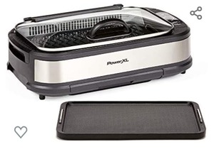 lot 117 image: PowerXL Smokeless Grill with Tempered Glass Lid with Interchangable Griddle Plate and Turbo Speed Smoke Extractor Technology. Make Tender Char-grilled Meals Inside With Virtually No Smoke (Stainless with Griddle Plate)
