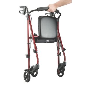 lot 133 image: Medline Superlight Aluminum Rollator, Folding Rolling Walker, 6 Wheels, 250lb Weight Capacity, Burgundy Red Frame