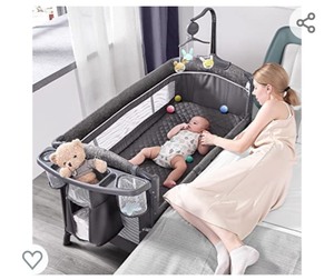 lot 139 image: ADOVEL Baby Bassinet Bedside Crib, Pack and Play with Mattress, Diaper Changer and Playards from Newborn to Toddles