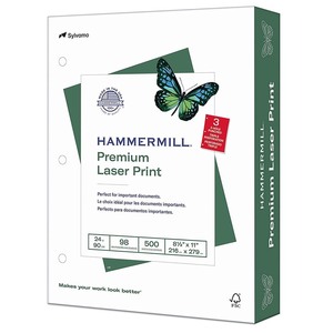 lot 280 image: Hammermill 107681 Laser Print Office Paper, 3-hole Punch, 98 Brightness, 24lb, Ltr, White, 500rm, pack of 4